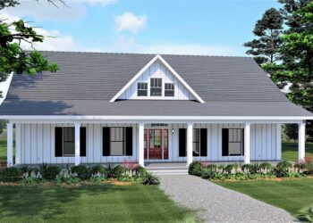 Compact One-Story 4-Bed Home with Decorative Gable & Home Office – ~2,352 Sq Ft