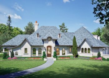 Elegant French Country Retreat – ~3,040 Sq Ft with Outdoor Lounge & 3-Car Angled Garage