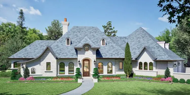 Elegant French Country Retreat – ~3,040 Sq Ft with Outdoor Lounge & 3-Car Angled Garage