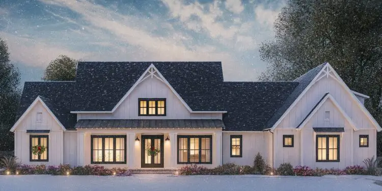 Split-Bedroom Modern Farmhouse Plan – ≈ 3,300 sq ft, 4 Bedrooms, 2.5–3.5 Bathrooms