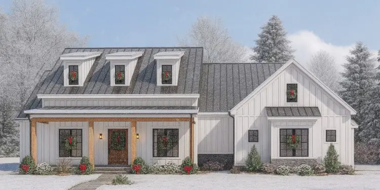 Modern Farmhouse with Three Shed Dormers & Flex Room – ~2,343 sq ft, 3–4 Bedrooms, 2.5 Bathrooms (Plan 70678MK)