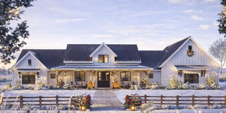 Spacious Modern Farmhouse with 4-Car Garage & Workshop – Plan 623578DJ