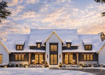 4-Bed Modern Farmhouse Plan with Outdoor Kitchen & Fireplace – 3,877 Sq Ft | 4 Beds & 3.5–4.5 Baths