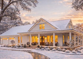 Rustic Barndominium Charm: 2,000 Sq Ft One-Story with 3 Bedrooms, 2.5 Baths, Wraparound Porch, and 2-Car Garage