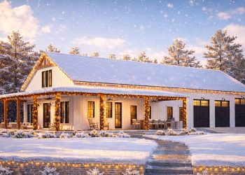 Barndominium Plan – 2,500 Sq Ft | 4 Beds, 3 Baths, 3-Car Garage, Open Layout & Wrap Porch
